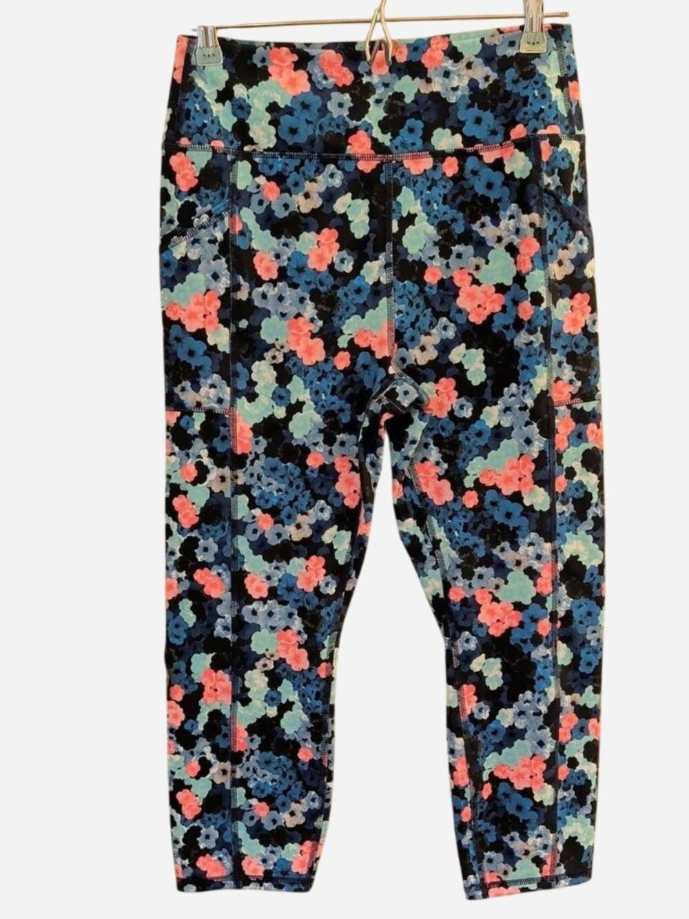 Brisas Floral Capri Leggings Women’s Medium Blue Multi Pocket Activewear